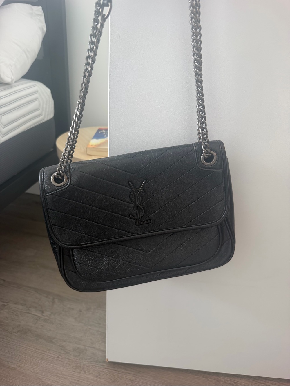 Saint Laurent Black Quilted Leather Shoulder Bag with Chain Strap